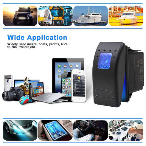 KEING Waterproof Rocker Switch Toggle with Blue LED Light, 12V 20Amp, 24V 10Amp, 3 Pin for Automotive Cars, Marine,