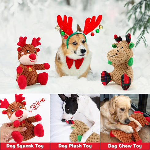 2 Pack Christmas Squeaky Plush Dog Toys for Small Medium Dogs, Durable Stuffed Toys Include Cute Elk