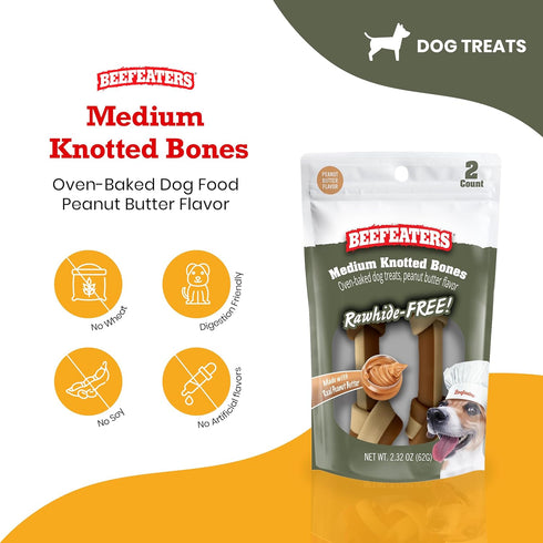 Beefeaters Dog Treats, Med Knotted Bone, 4" PB Flavor, 2ct, Case of 12, Rawhide Free