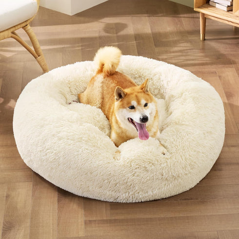 Bedsure Calming Dog Bed for Medium Dogs, Donut Washable Pet Bed, Anti-Slip Round Fluffy Faux Fur, Oat Milk