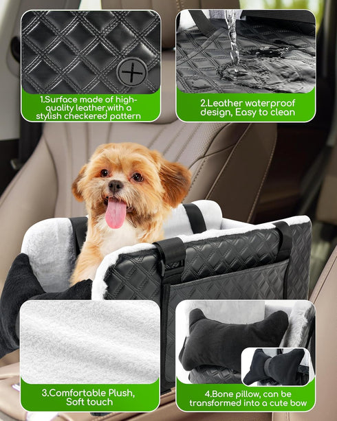12lbs Center Console Dog Car Seat for Small Dogs, Soft Plush Car Bag for Dogs, Leather Portable Pet Cars Booster Seats