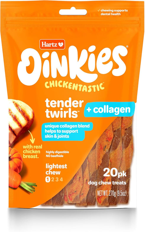 Oinkies Chickentastic Tender Twirls, 20 Count, Made with Real Chicken Breast, Pumpkin & Carrot, Collagen for Skin &