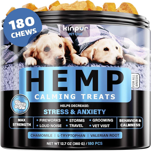 Kinpur Pet Care Calming Chews for Dogs - Hemp Oil Aid for Thunderstorms, Separation, Hip and Joint Health, 180 Chews