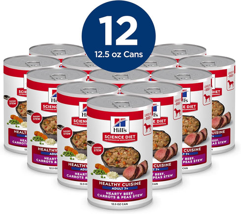 7+ 12.5 oz. 12-Pack Hill's Science Diet Adult Healthy Cuisine Wet Dog Food, Hearty Beef, Carrots & Peas Stew, Cans