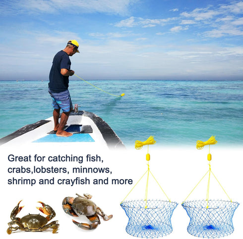 PIQUATOOL 2 Sets Crab Ring Trap Kit Fishing Hoop Net,Foldable Lobster Crab Pots for Crabbing with Measuring Tool