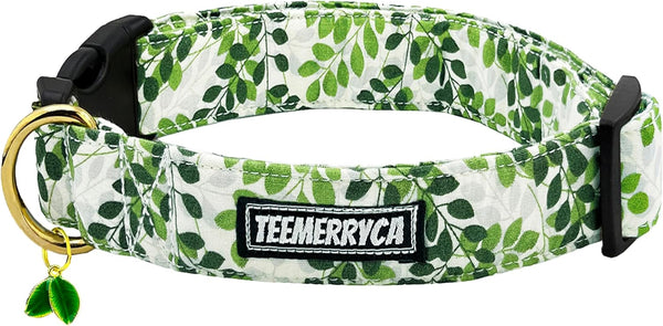 TEEMERRYCA Summer Comfortable Cotton Dog Collars, Green Leaf Print for Female Male Small Medium Large Dogs