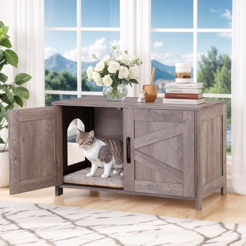 ZENY Cat Litter Box Enclosure, Litter Box Furniture Hidden, Wooden Litter Cabinet with Divider, Farmhouse Style Cat
