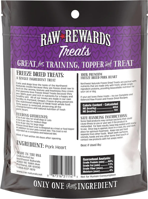 Northwest Naturals Raw Rewards Freeze-Dried Pork Heart Treats for Dogs and Cats, 3 Oz