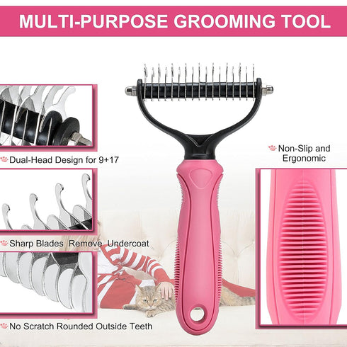 Undercoat Rake for Dogs, 2 Side Brush for Deshedding and Dematting, Professional Grooming Hair Tools for Pets, Pink
