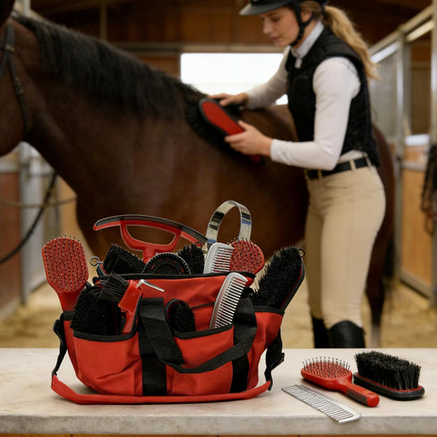 Amouu 9-Piece SteadyRide Pro - Professional Horse Grooming Kit - Stable-Ready Hanging Bag with Ergonomic Pro-Grip