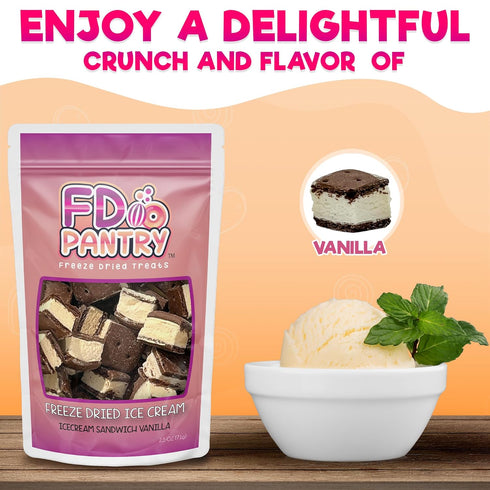 2 Pack, 2.5 oz, Freeze Dried Ice Cream Sandwich Bites, Vanilla, Crunchy & Sweet Snack, Dehydrated, Resealable Gift Bag