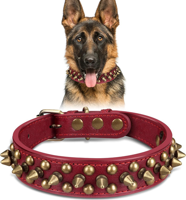 Spiked Leather Dog Collar with Bullet Rivets, Soft Adjustable Collar for Small Medium Large Dogs, Red, L.