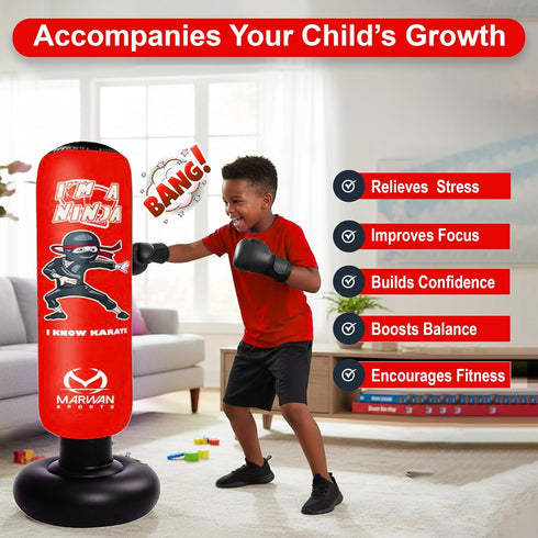 5-in-1 Set 63 4-12, Marwan Sports Kids Punching Bag with Gloves, Pump & Funnel Inflatable Boxing Bag for Kids Durable