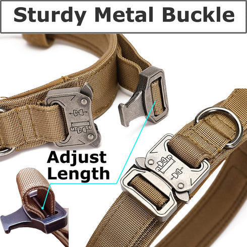Dog Tactical Collar Military Dog Training Collar Control Handle and Heavy Metal Buckle for Medimum Large Dog Training Behavior Aids Brown L