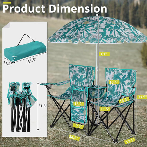 2 Double Camping Chairs with Umbrella, Portable Seat Folding Camp Chair with Cooler Bag, Beverage Holder, Carrying Bag
