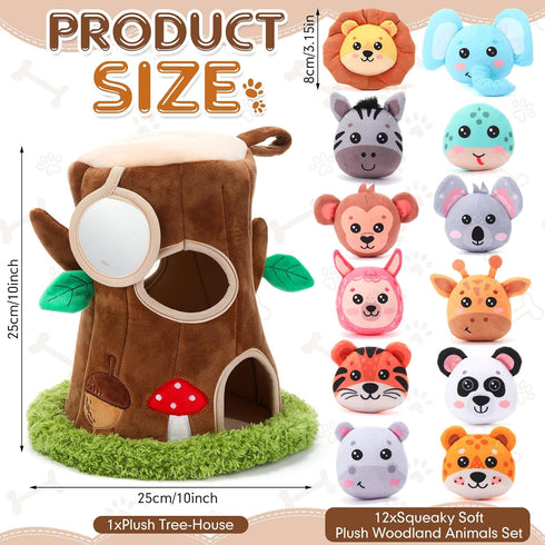 JolliLudo 13 Pcs Hide and Seek Dog Toys Activity Puppy Chew Squeaky Animal Plush Woodland Toys with Crinkle Treehouse