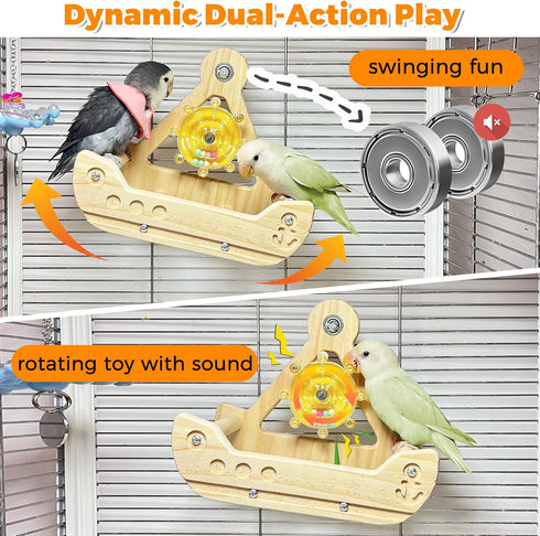 2 in1 Bird Perch Toy with Spinner Rattle Toys, Safe Cockatiel Toys Enrichment, Indoor Bird Cage Accessories Conure