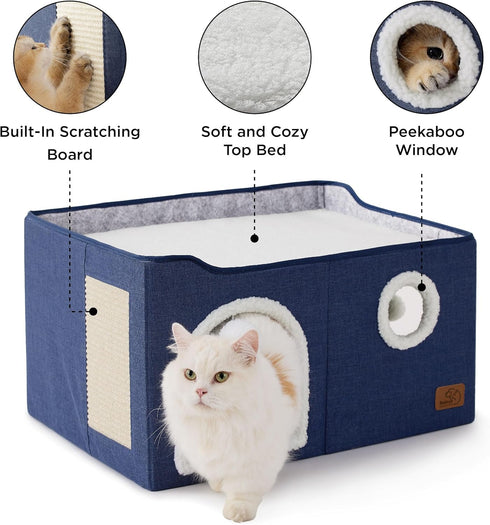 Bedsure Extra-Wide Cat House for Indoor Cats, Large Cat Cave with Fluffy Ball Hanging and Scratch Pad, Blue