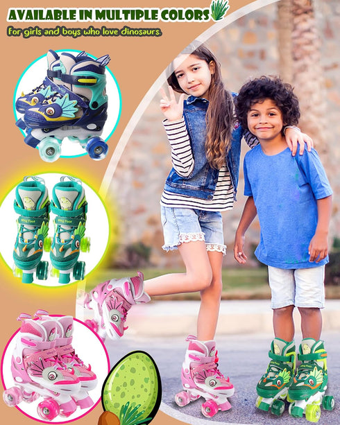 Dino Kids Toddler Roller Skates for Boys Girls,WESKIFAN Dinosaur Quad Skating Shoes with Shiny Light up