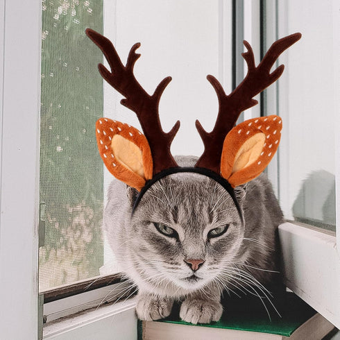 Beaupretty Christmas Hat for Cat Pet Deer Costume, Adjustable Antler Headband for Dog Reindeer Cosplay