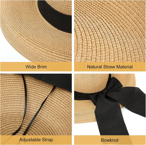 Surblue Straw Summer Hat, Women's Floppy Sun Hat with Wide Brim and Bow