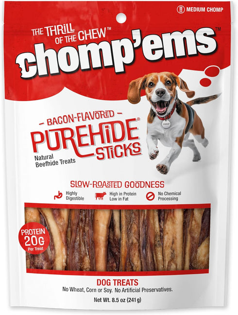 CHOMP 'EMS Purehide Chews - Slow Roasted Rawhide Dog Treats, High Protein Beef Hide, Bacon Flavor, 8.5 Oz