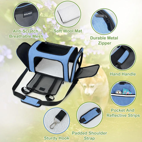 Soundy Large Pet Carrier for Dogs and Cats Under 25 Lbs, Portable Soft Sided Folding Travel Carrier, Blue
