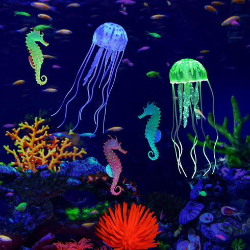 Lpraer 6 Pieces Glow Floating Jellyfish, Seahorse, Anemones Aquarium Decorations for Fish Tank