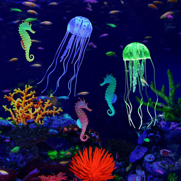 Lpraer 6 Pieces Glow Floating Jellyfish, Seahorse, Anemones Aquarium Decorations for Fish Tank