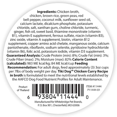 Tiki Dog Taste of The World - Dog Wet Food - Whole Foods - Thailand! Chicken Curry - 3 oz Cup