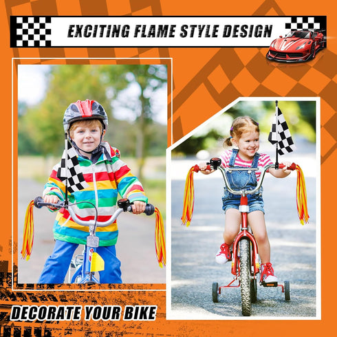 Liliful 5 Pcs Kids Bike Accessories, 2 Pcs Flame Streamers, Bike Bell, 2 Pcs Checkered Flags for Boys Girls