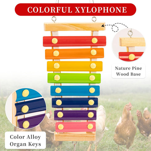 14PCS Chicken Toys for Coop Accessories, Swing Bridge Ladder Mirror Xylophone Toys with Bells Hanging String Vegetable