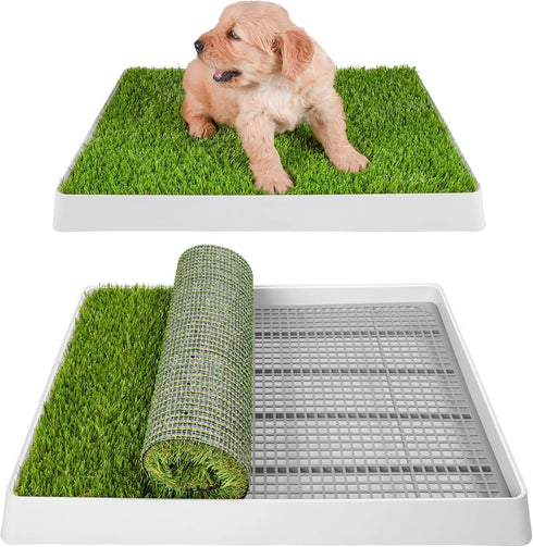 Dog Grass Pad with Tray, Indoor Portable Fake Grass Pee Pad System, Dog Litter Box for Puppy Pee Training