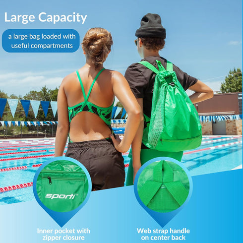 Sporti Swimming Equipment Bag - Zipper Pocket Mesh Drawstring Backpack, Big Mesh Gym Bag for Workout Gear