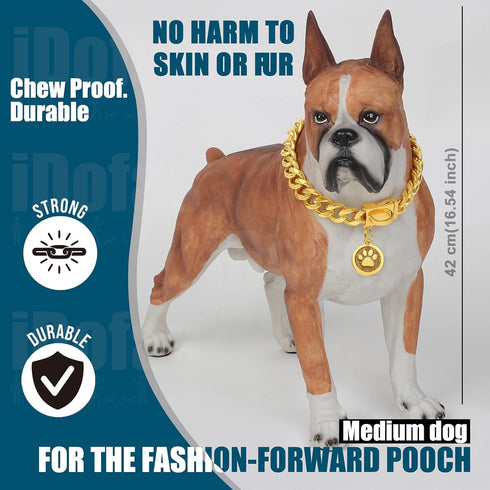 14mm Gold Cuban Link Dog Chain Collar with Snap Buckle, 18K Gold Plated Stainless Steel for Small Medium Large Dogs