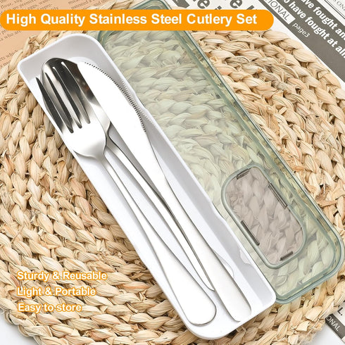 Travel Utensils with Case, 4pcs Stainless Steel Cutlery Set for Camping, Picnic, Hiking, Office (Light Green)