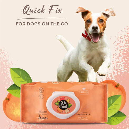 PET HEAD Quick Fix Cleaning Wipes for Dogs & Cats, Pack of 80, Peach Scent with Aloe Vera, Biodegradable