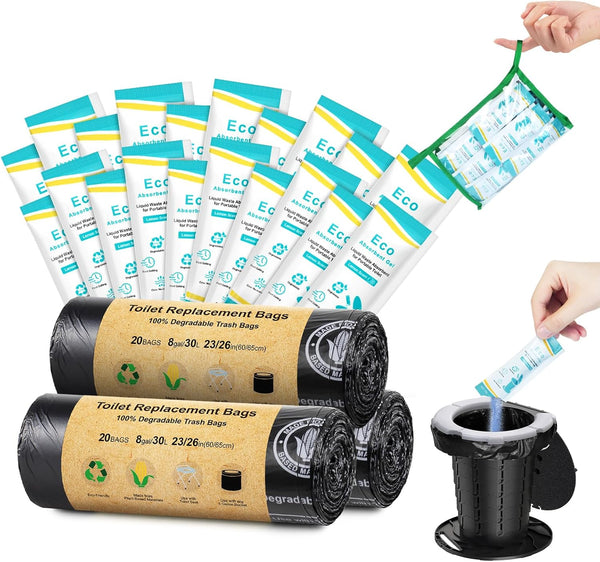 BLIKA 60 Count Camping Toilet Bags Eco Absorbent Gel Set, Portable Toilet