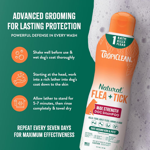 20oz TropiClean Max Strength Flea and Tick Shampoo Treatment for Dogs, Powerful & Natural Defense, Prevention for Large