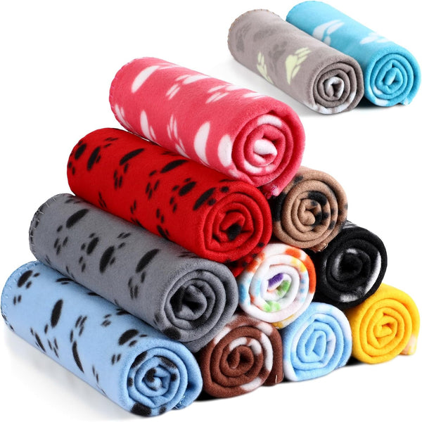 12 Pieces Fleece Blankets for Pets, Dog Puppy Blankets, Paw Print Dogs Cat Blanket Bedding Cover for Small Animals, 18