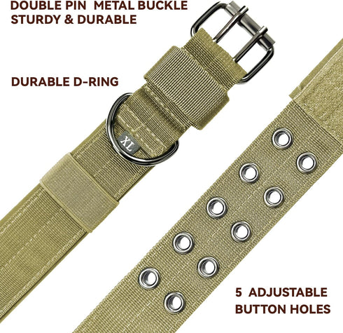 Heavy Duty Dog Collar for Large Dogs, Tactical Adjustable Nylon Collar with Metal Buckle & D Ring, Khaki/L