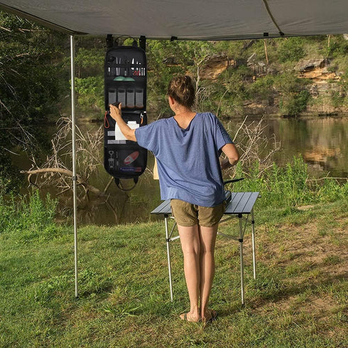 High Capacity Camp Kitchen Organizer, Portable Storage Bag with Hooks and Paper Towel Holder