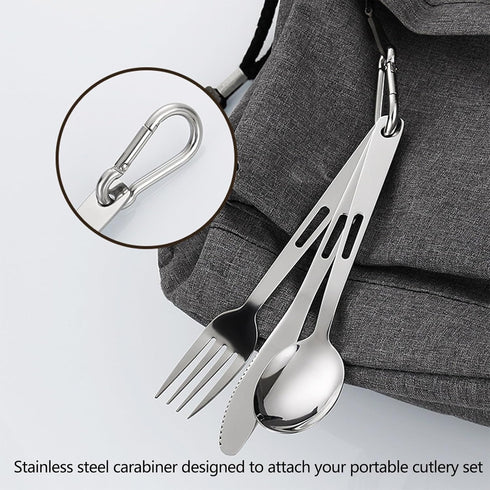 Set, 3-Piece Set Set) Stainless Steel Utensil Reusable Travel Cutlery with Storage Bag & Carabiner, Portable Stainless