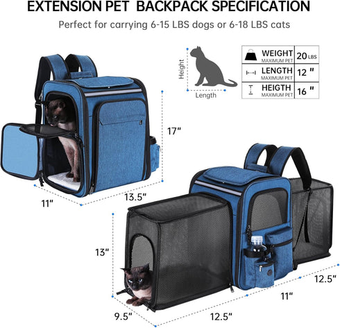 Pet Travel Carrier Backpack, Blue, Soft-Sided Breathable Mesh for Cats, Dogs, Puppies up to 20 lbs