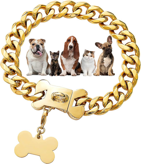 Gold Chain Dog Collar 19mm, 18K Cuban Link with Secure Snap Buckle for Small Medium Pitbull (26")