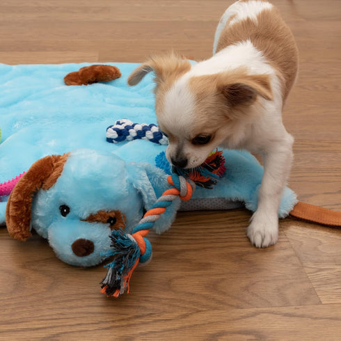 Puppy Play Mat with Toys for Small Breeds, Blue 23”x20” Interactive Sleeping Pad