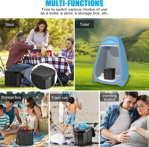 Portable Camping Toilet, Folding Toilet for Adults with Lid and Retractable Toilet Paper Holder, Waterproof Porta Potty