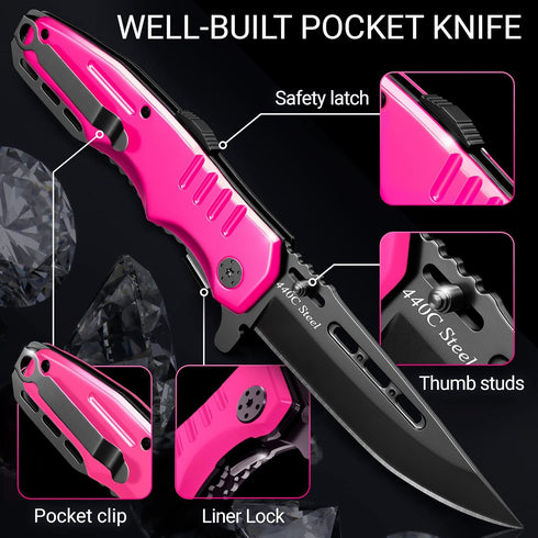 Spring Assisted Pink Pocket Knife for Women - Cute Self Defense Knife - Hot Pink Folding Knife - Mothers Day Gift