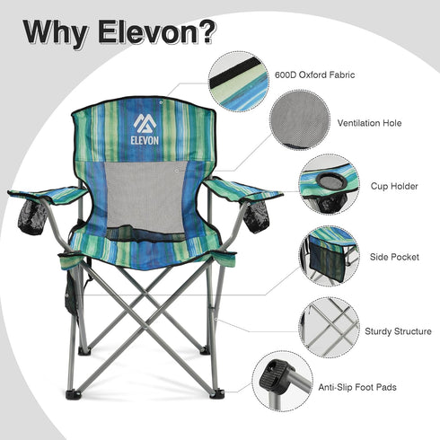 Elevon Camping Chair, Portable Folding Outdoor Chair with Arms, Cup Holder and Carry Bag