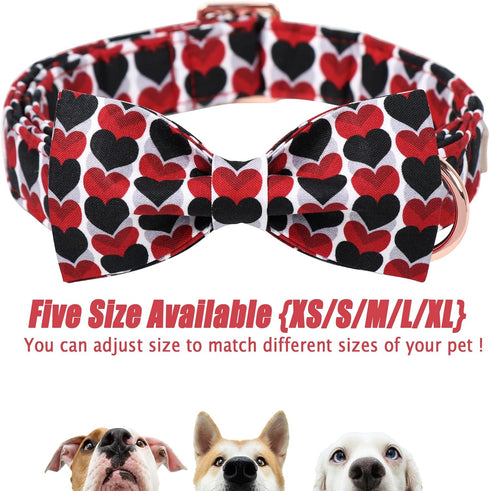 Valentine's Day Adjustable Dog Collar for Small Dogs with Bow Tie, Red&Black Love Heart Collar for Medium Large Dogs,